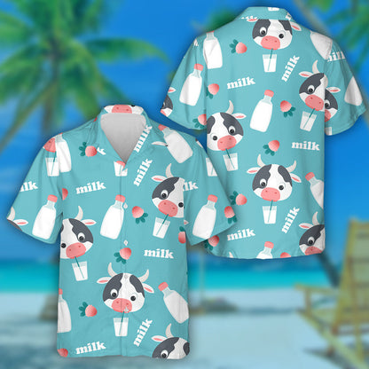 Cartoon Cow Drinking Milk Doodle Style Hawaiian Shirt, Hawaiian Shirt Gift, Christmas Gift