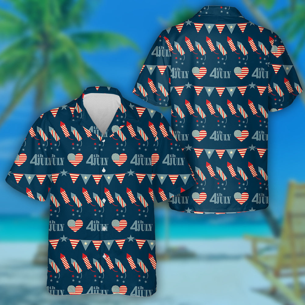 Decorated With Fireworks Triangle Flags For American Independence Day Hawaiian Shirt, Hawaiian Shirt Gift, Christmas Gift