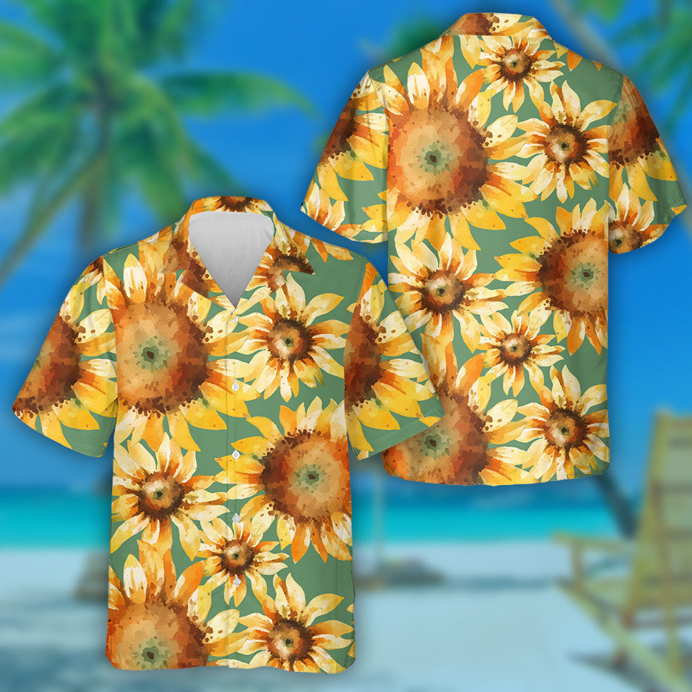 Green Background Watercolor Sunflowers Painting Pattern Hawaiian Shirt,Hawaiian Shirt Gift, Christmas Gift