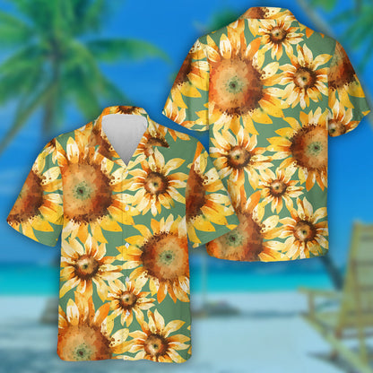 Green Background Watercolor Sunflowers Painting Pattern Hawaiian Shirt,Hawaiian Shirt Gift, Christmas Gift