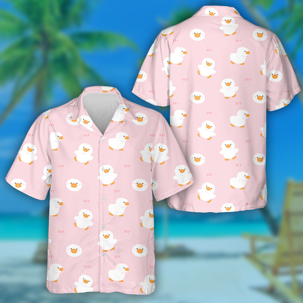 Hand Drawn Cute Cartoon Duck On Pink Background Hawaiian Shirt, Hawaiian Shirt Gift, Christmas Gift
