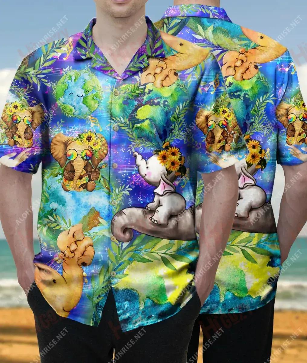Happy Elephants In A Wonderful World Short Sleeve Shirt Summer Hawaiian T Shirts Custom Hawaiian Shirts Hawaiian Shirts For Women, Hawaiian Shirt Gift, Christmas Gift