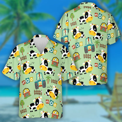Funny Cow In Farm Yard With Cute Tractor Hawaiian Shirt, Hawaiian Shirt Gift, Christmas Gift