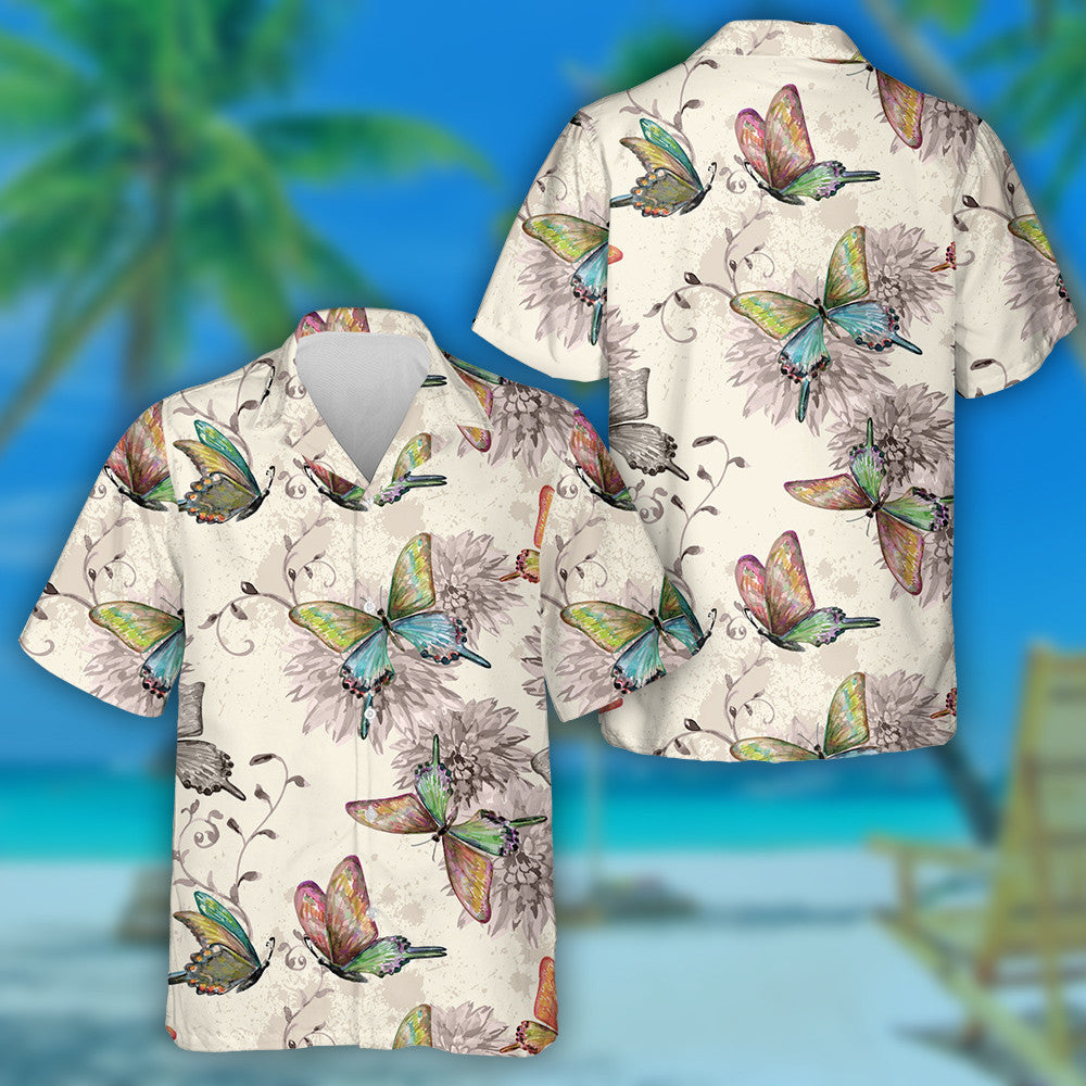 Hand Drawn Vintage Texture Flowers And Butterflies Hawaiian Shirt, Hawaiian Shirt Gift, Christmas Gift