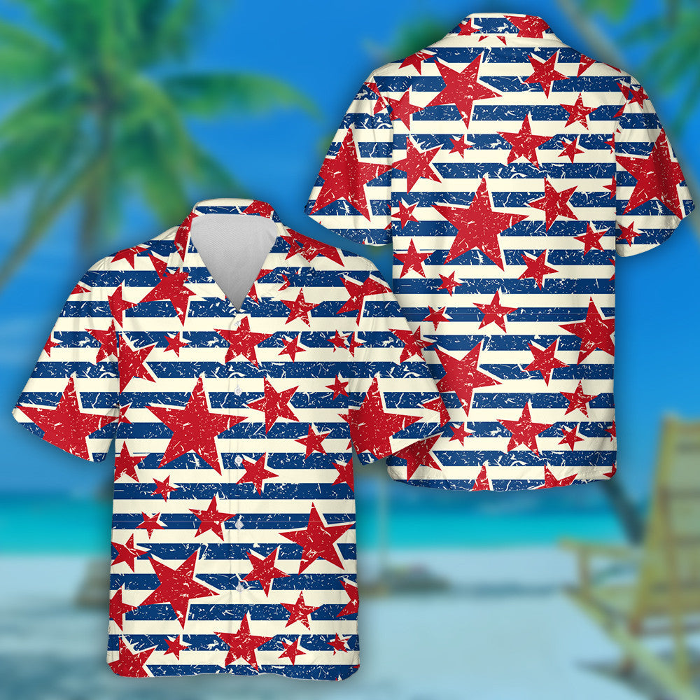 Retro Style American Red Star Blue Stripes Pattern Hawaiian Shirt, Hawaiian Shirt Gift, Christmas Gift