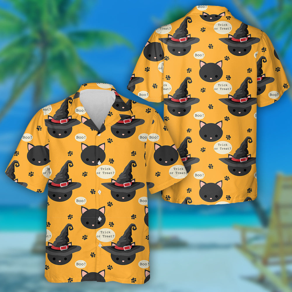Black Cat With Witches Hat And Trick Or Treat Hawaiian Shirt, Hawaiian Shirt Gift, Christmas Gift