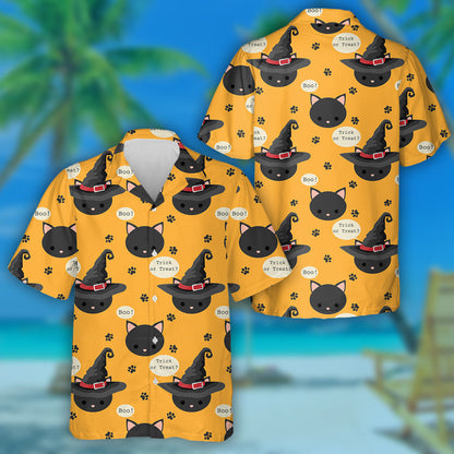 Black Cat With Witches Hat And Trick Or Treat Hawaiian Shirt, Hawaiian Shirt Gift, Christmas Gift