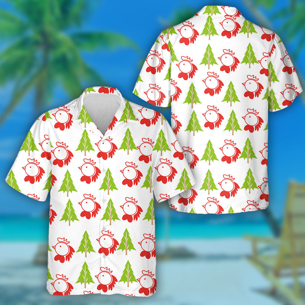 Cute Chicken Head And Pine Tree Hawaiian Shirt,Hawaiian Shirt Gift, Christmas Gift