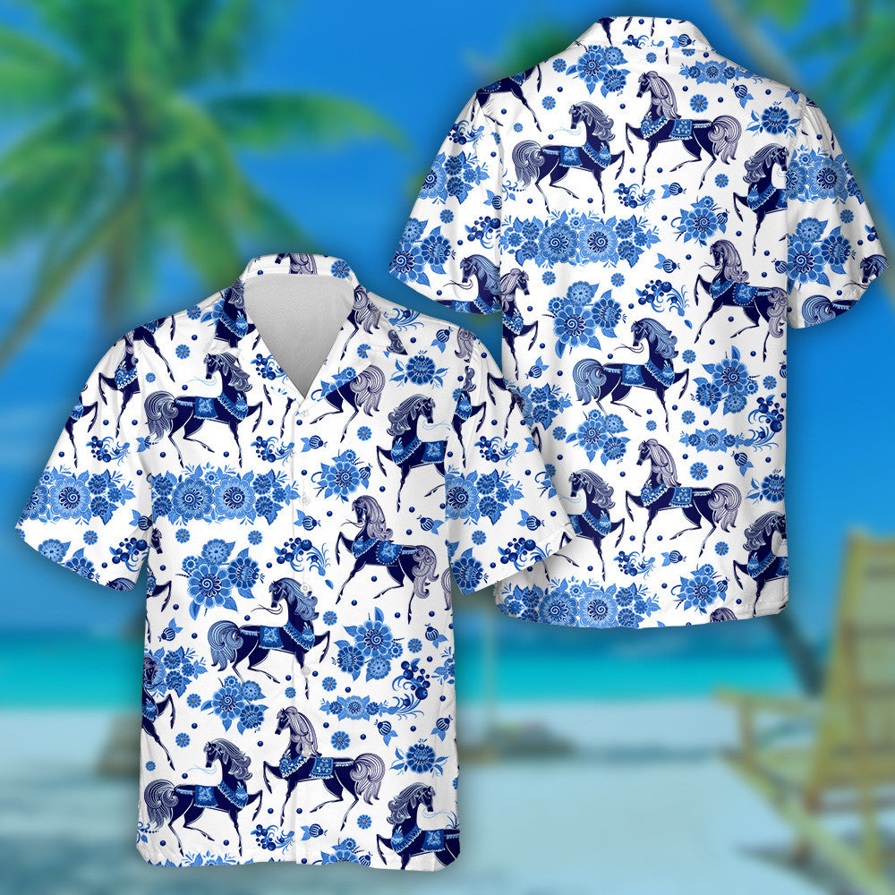 Fashion Texture With Stylized Horses And Flowers Hawaiian Shirt, Hawaiian Shirt Gift, Christmas Gift
