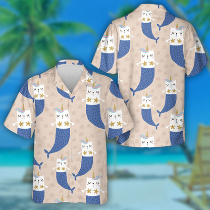 Magical Cat Mermaid With Horns On Pink Hawaiian Shirt,Hawaiian Shirt Gift, Christmas Gift