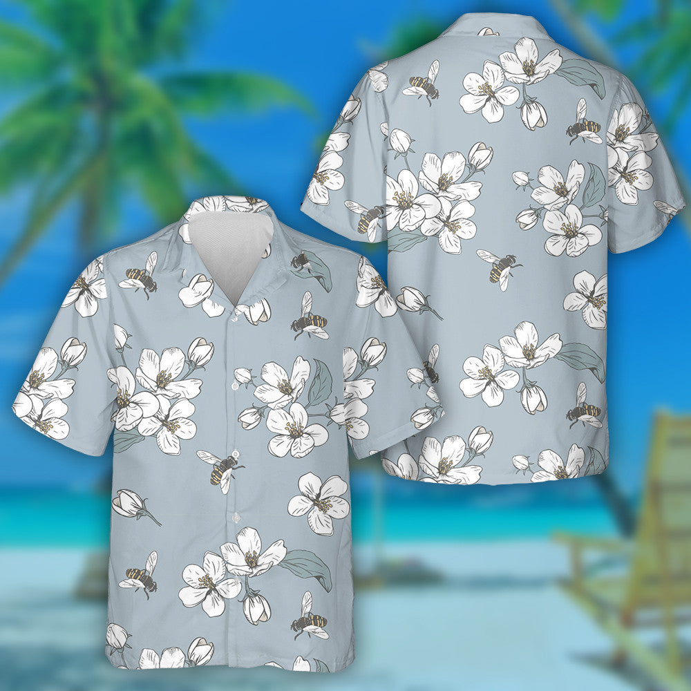 Cartoon Doodle White Cherry Blossoms And Bees Hawaiian Shirt, Hawaiian Shirt Gift, Christmas Gift