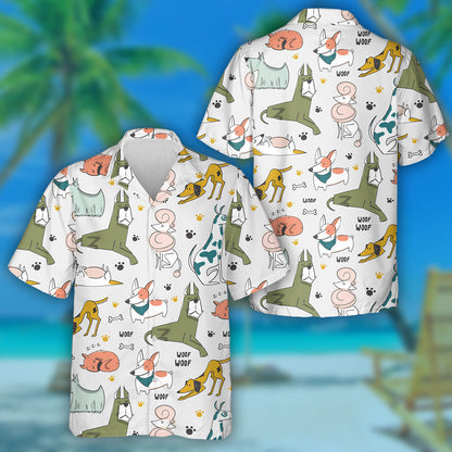 Hand Drawn Cartoon Style Dogs Grey Background Hawaiian Shirt, Hawaiian Shirt Gift, Christmas Gift