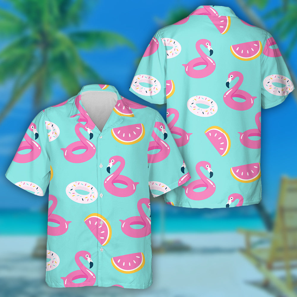Summer Pool Floating With Flamingo Donut And Watermelon Hawaiian Shirt, Hawaiian Shirt Gift, Christmas Gift