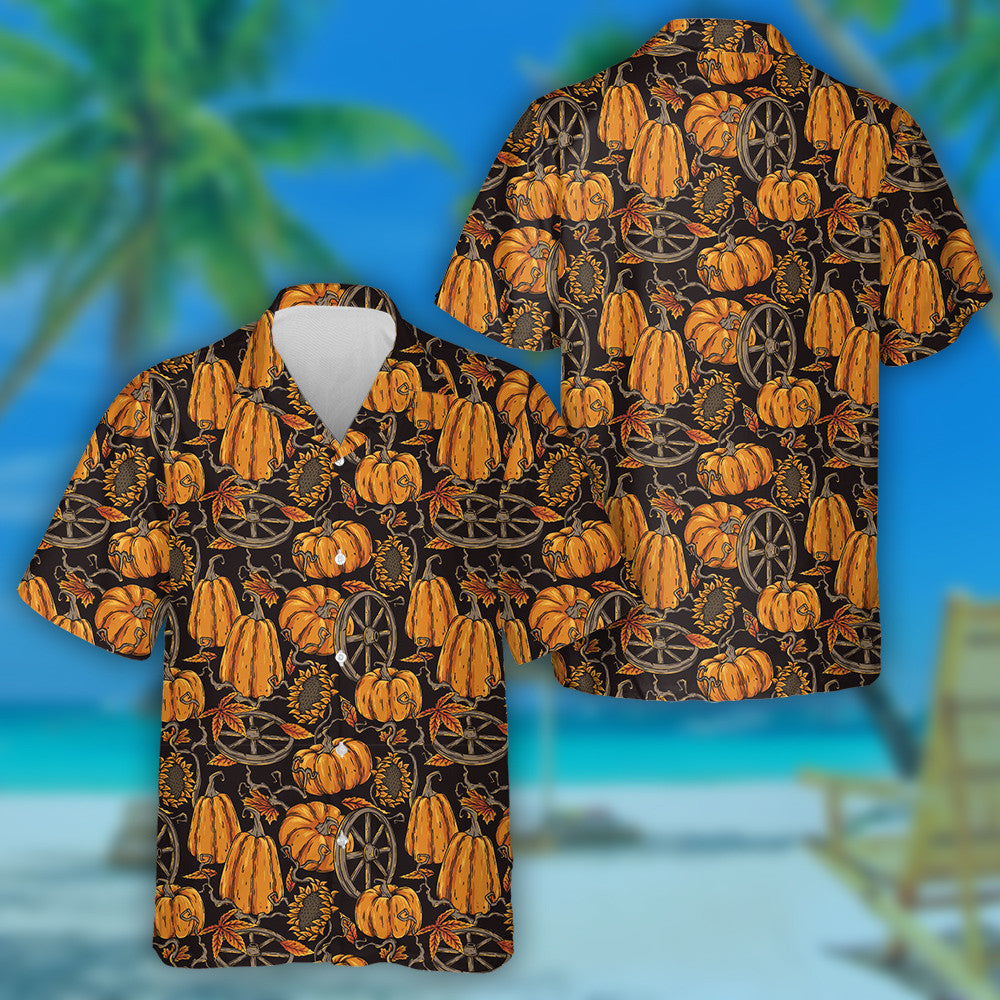 Halloween Pattern With Pumpkin Sunflower Wheel And Orange Foliage Hawaiian Shirt, Hawaiian Shirt Gift, Christmas Gift