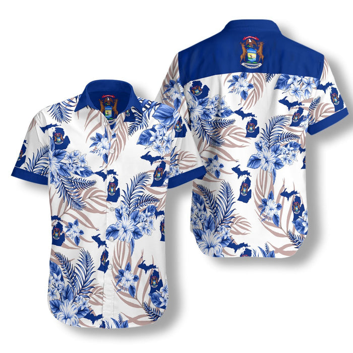 Blue Hibiscus Michigan Proud Design Hawaiian Shirt, Hawaiian For Gift