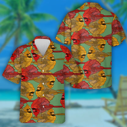Geometric Red Cardinal Bird On Green Hawaiian Shirt,Hawaiian Shirt Gift, Christmas Gift