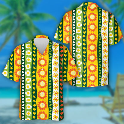 Colorful Vertical Column Sunflowers Pen Sketch Repeat Pattern Hawaiian Shirt, Hawaiian Shirt Gift, Christmas Gift