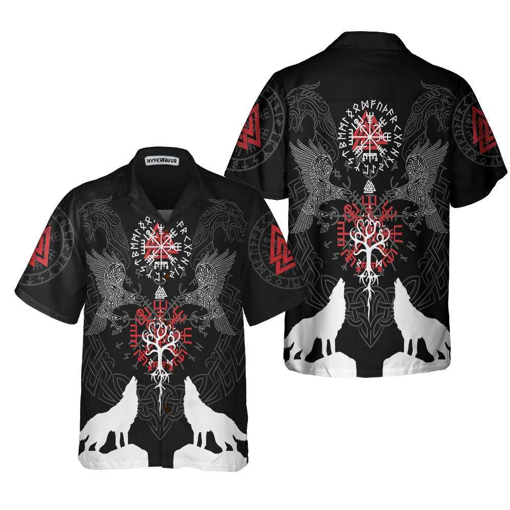 Viking Raven And Wolf White Silhouette Hawaiian Shirt, Hwaiian For Gift