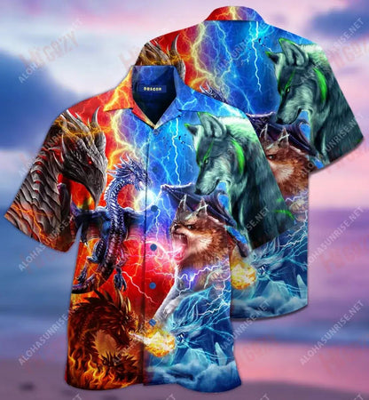 Dragons Wolves Short Hawaiian Shirt Vacation Aloha Shirt Custom Hawaiian Shirts Funny Hawaiian Shirts, Hawaiian Shirt Gift, Christmas Gift
