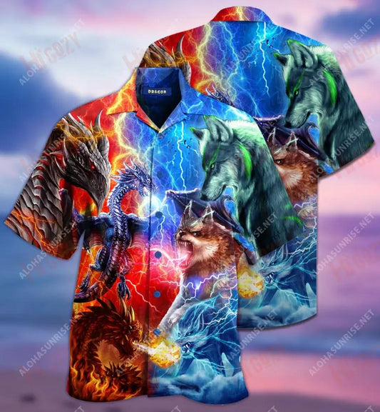 Dragons Wolves Short Hawaiian Shirt Vacation Aloha Shirt Custom Hawaiian Shirts Funny Hawaiian Shirts, Hawaiian Shirt Gift, Christmas Gift