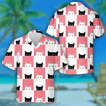 Black White Pink Cat Chess Board Background Hawaiian Shirt, Hawaiian Shirt Gift, Christmas Gift