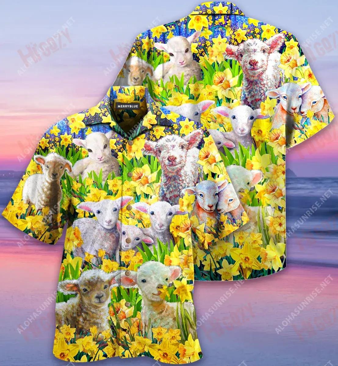 Sheep In The Daffodil Garden Unisex Short Sleeve Shirt Ocean Hawaiian T Shirts Custom Hawaiian Shirts Hawaiian Shirt Pattern, Hawaiian Shirt Gift, Christmas Gift
