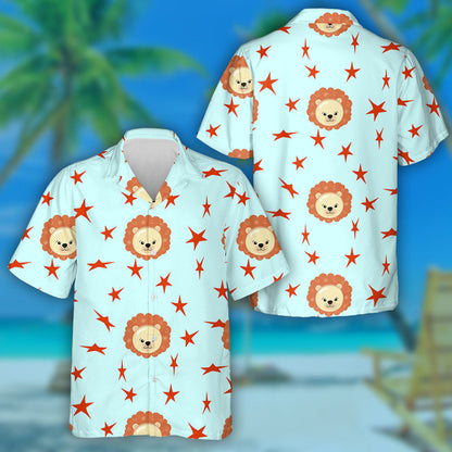 Lovely Lion And Red Stars On Blue Background Hawaiian Shirt, Hawaiian Shirt Gift, Christmas Gift