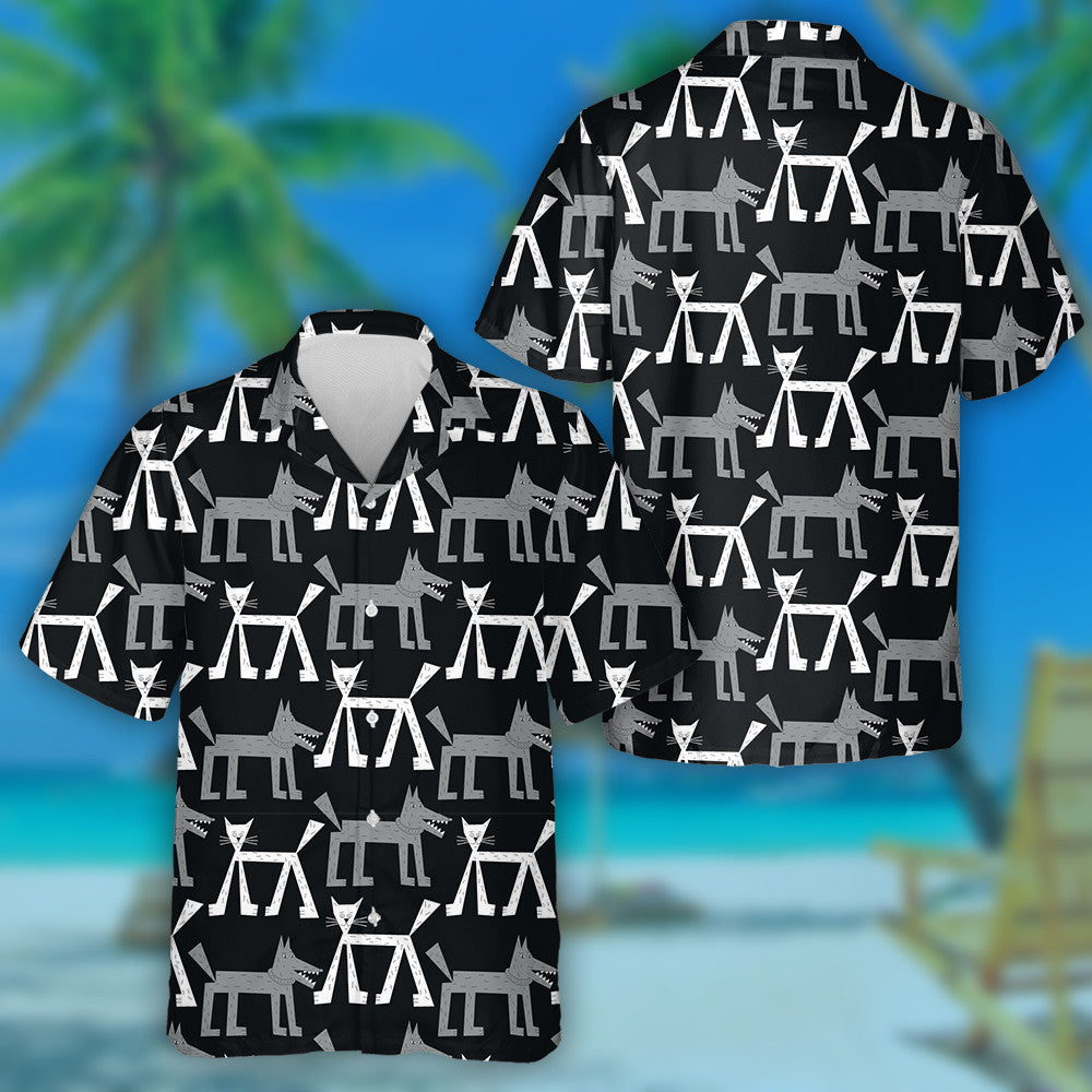 Grey Wolf And White Cat In The Forest Hawaiian Shirt, Hawaiian Shirt Gift, Christmas Gift
