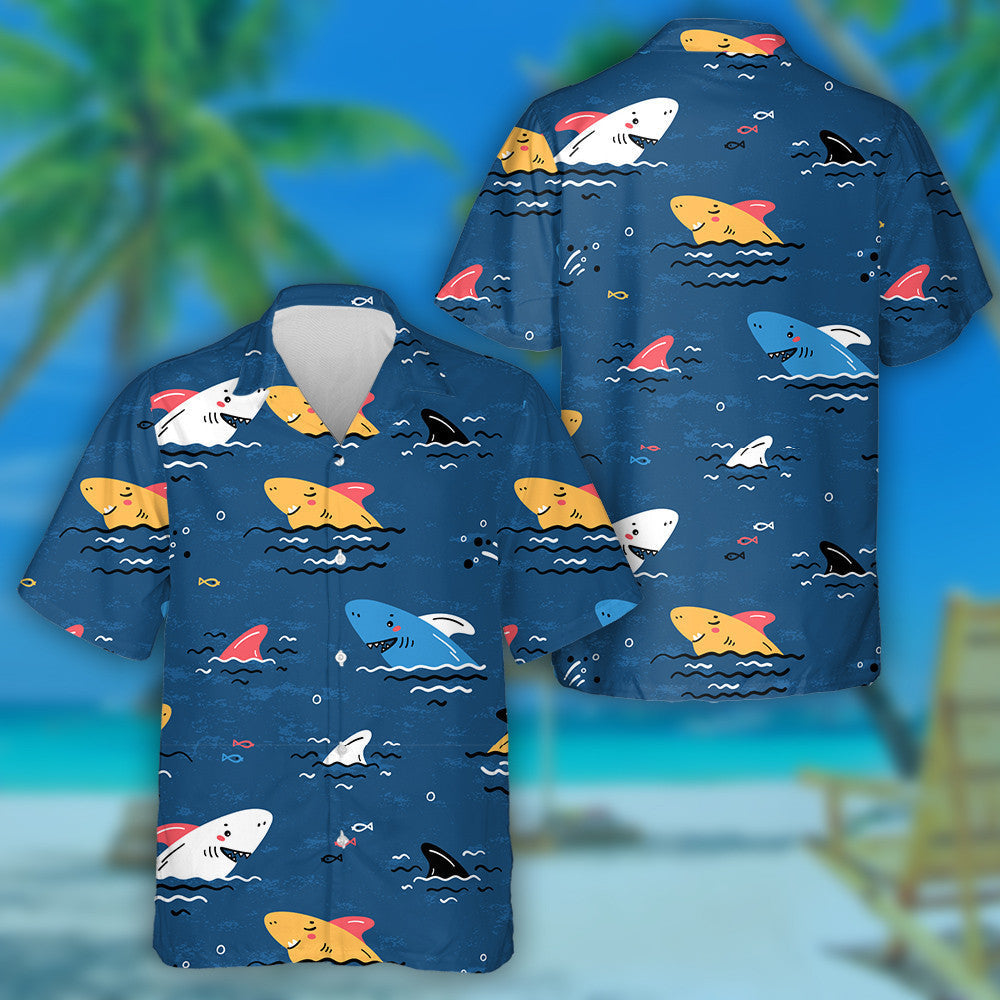 Colorful Cartoon Sharks Summer Sea Dark Blue Background Hawaiian Shirt, Hawaiian Shirt Gift, Christmas Gift