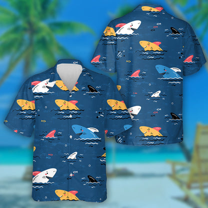 Colorful Cartoon Sharks Summer Sea Dark Blue Background Hawaiian Shirt, Hawaiian Shirt Gift, Christmas Gift
