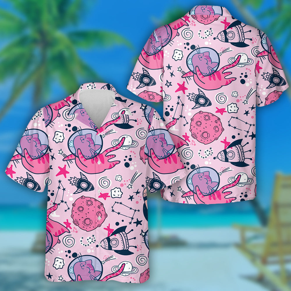 Cosmic Doodle Pink Astronaut Cat Floating In Space Hawaiian Shirt, Hawaiian Shirt Gift, Christmas Gift