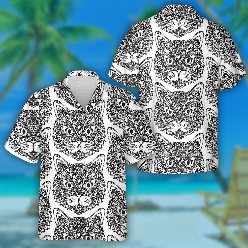 Hand Drawn Ornate Doodle Graphic Monochrome Cat Faces Hawaiian Shirt, Hawaiian Shirt Gift, Christmas Gift