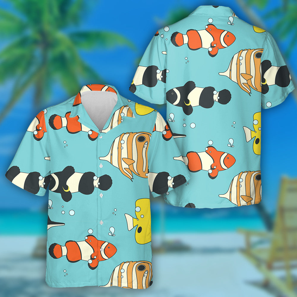 Sea Animals Pattern With Butterflyfishes And Clownfishes Blue Theme Hawaiian Shirt, Hawaiian Shirt Gift, Christmas Gift