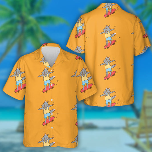 Hipster Wolf Riding Longboard On Orange Hawaiian Shirt, Hawaiian For Gift