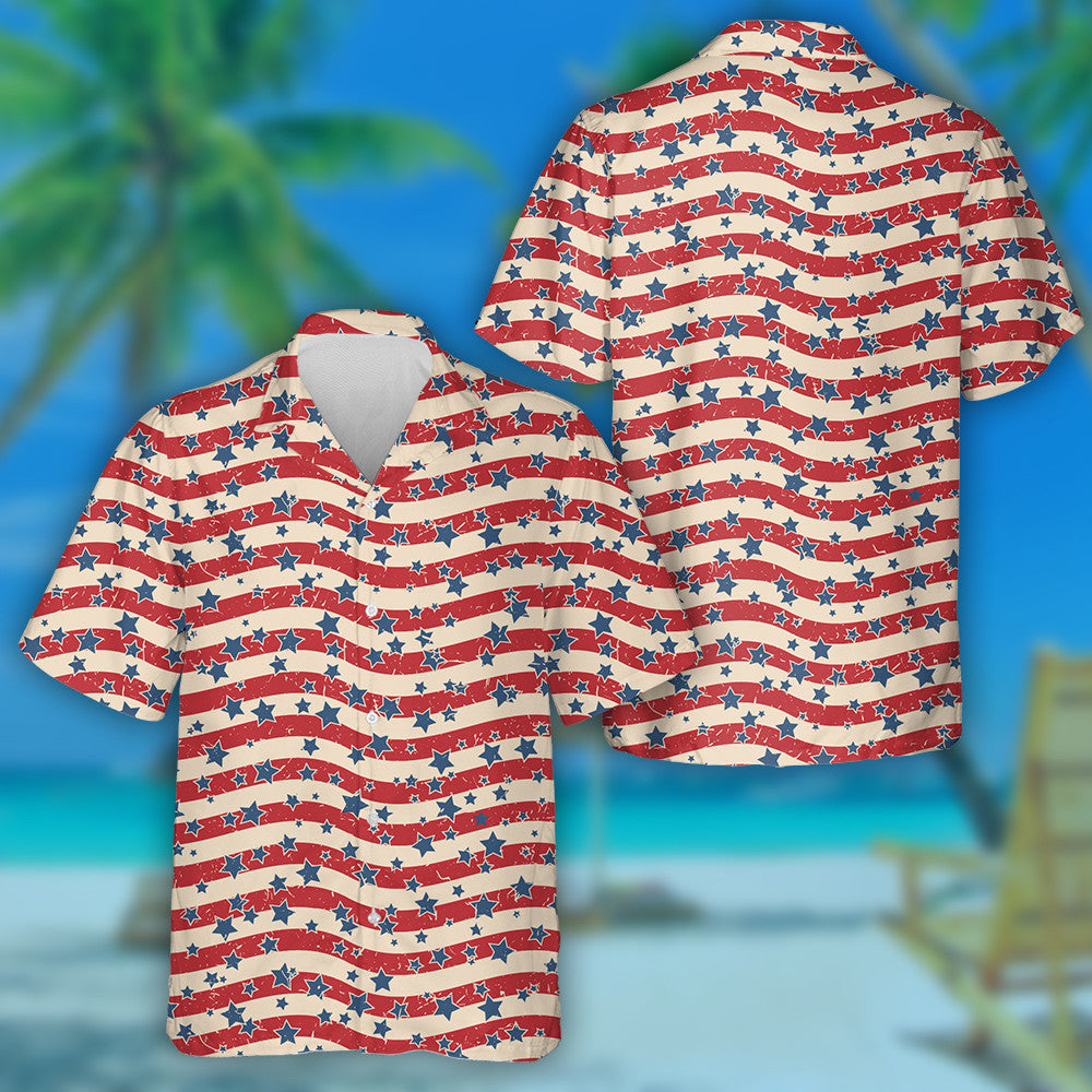 Vintage Red Wavy Background Patriotic USA Stars Hawaiian Shirt, Hawaiian Shirt Gift, Christmas Gift