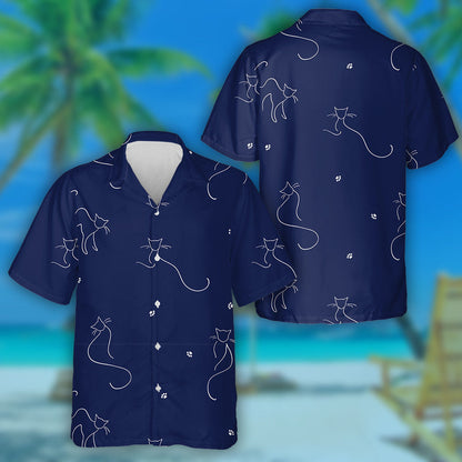 Abstract Cats Drawn By One Line On Blue Hawaiian Shirt, Hawaiian Shirt Gift, Christmas Gift