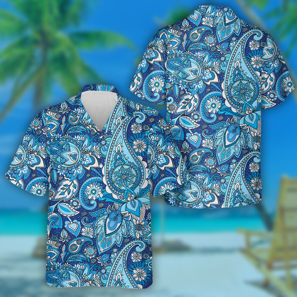 Traditional Paisley Floral And Leaves In Blue Color Pattern Hawaiian Shirt, Hawaiian Shirt Gift, Christmas Gift