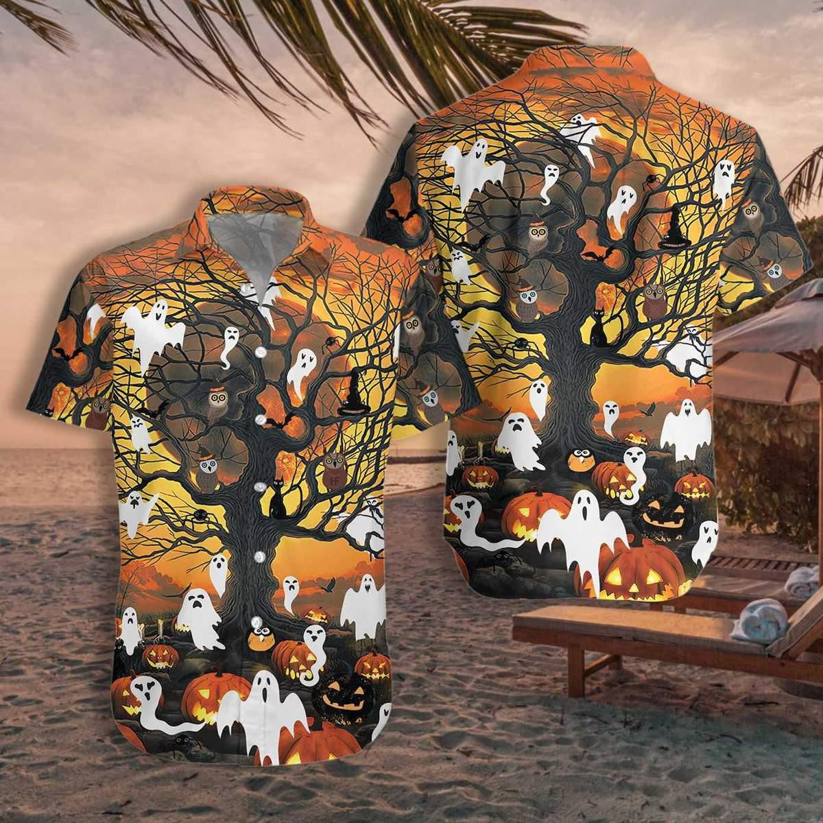 Happy Halloween Spirit Night Of Pumpkin And Ghost Hawaiian Shirt, Hawaiian Shirt Gift, Christmas Gift
