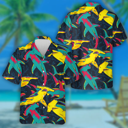 Colorful Pop Art Hammerhead Sharks On Coral Background Hawaiian Shirt, Hawaiian Shirt Gift, Christmas Gift