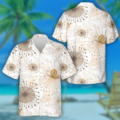 Hand Drawn Retro Style With Butterfly And Flowers Hawaiian Shirt, Hawaiian Shirt Gift, Christmas Gift