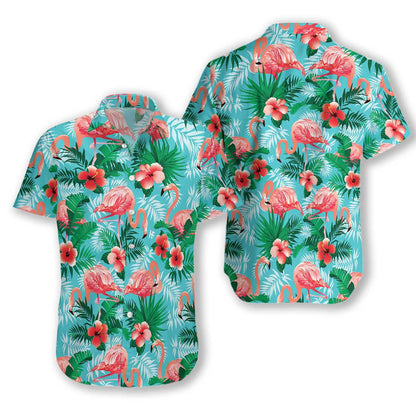 Flamingo With Pink Flower And Green Leave Blue Theme Hawaiian Shirt, Hawaiian Shirt Gift, Christmas Gift