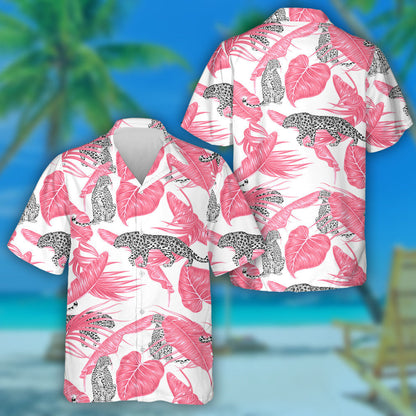 Modern Cartoon Leopard And Tropical Pink Palm Leaves Hawaiian Shirt, Hawaiian Shirt Gift, Christmas Gift