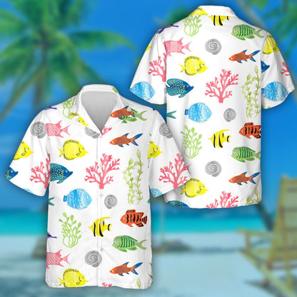 Colorful Fishes Seashell And Seaweed Underwater Creatures Design Hawaiian Shirt, Hawaiian Shirt Gift, Christmas Gift