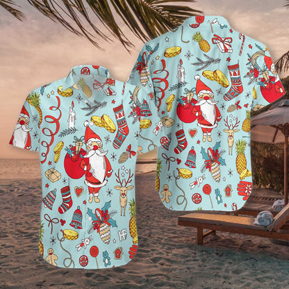 Pineapple Santa Clau Pattern Cute Gifts Blue Theme Hawaiian Shirt, Hawaiian Shirt Gift, Christmas Gift