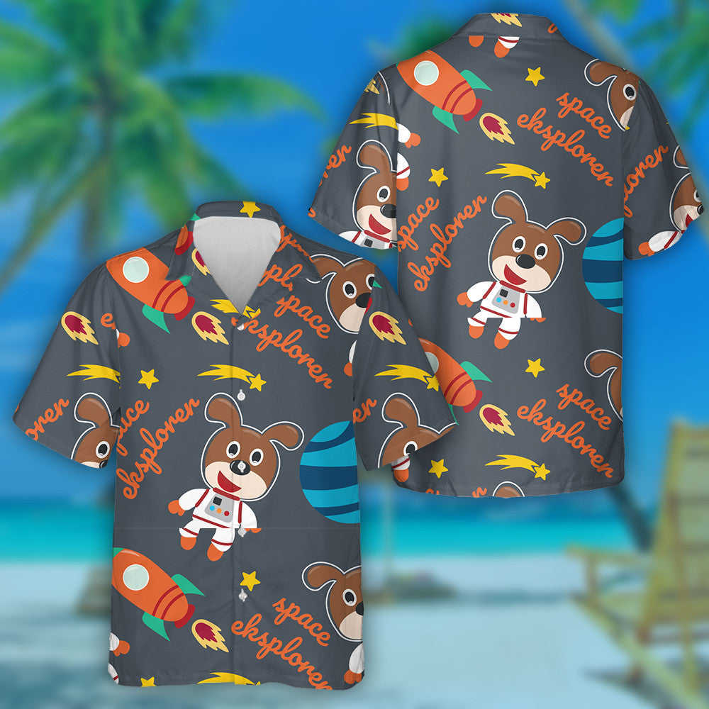 Cute Astronaut Dog In Space With Cartoon Style Hawaiian Shirt, Hawaiian Shirt Gift, Christmas Gift