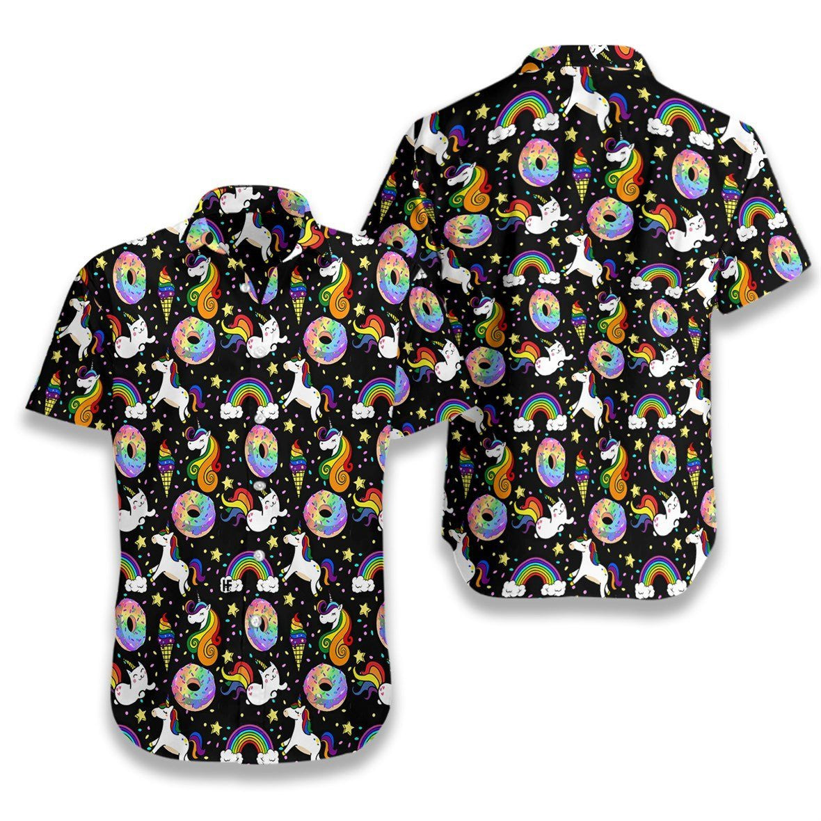Rainbow Unicorn Kitticorn On Black Background Pattern Hawaiian Shirt, Hawaiian Shirt Gift, Christmas Gift