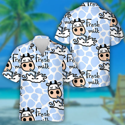 Cow Drinking Tasty Milk On Cow Spot Background Hawaiian Shirt, Hawaiian Shirt Gift, Christmas Gift