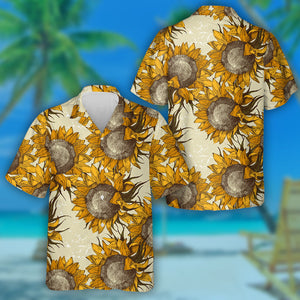 Antique Sketch Style Sunflowers Ornament Pattern Hawaiian Shirt, Hawaiian For Gift