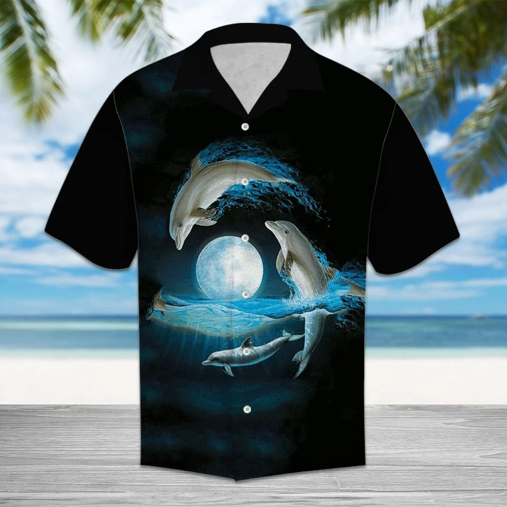 Dolphin Jumping Over Ocean Under The Moonlight Design Hawaiian Shirt, Hawaiian Shirt Gift, Christmas Gift