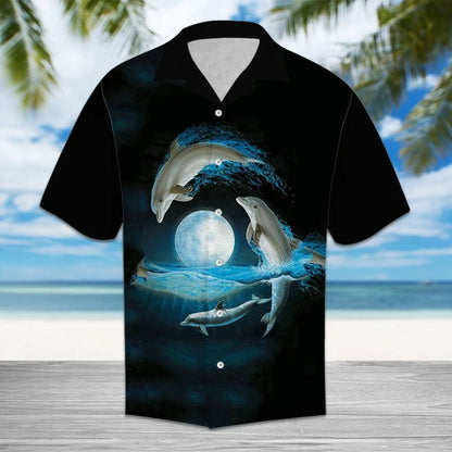 Dolphin Jumping Over Ocean Under The Moonlight Design Hawaiian Shirt, Hawaiian Shirt Gift, Christmas Gift